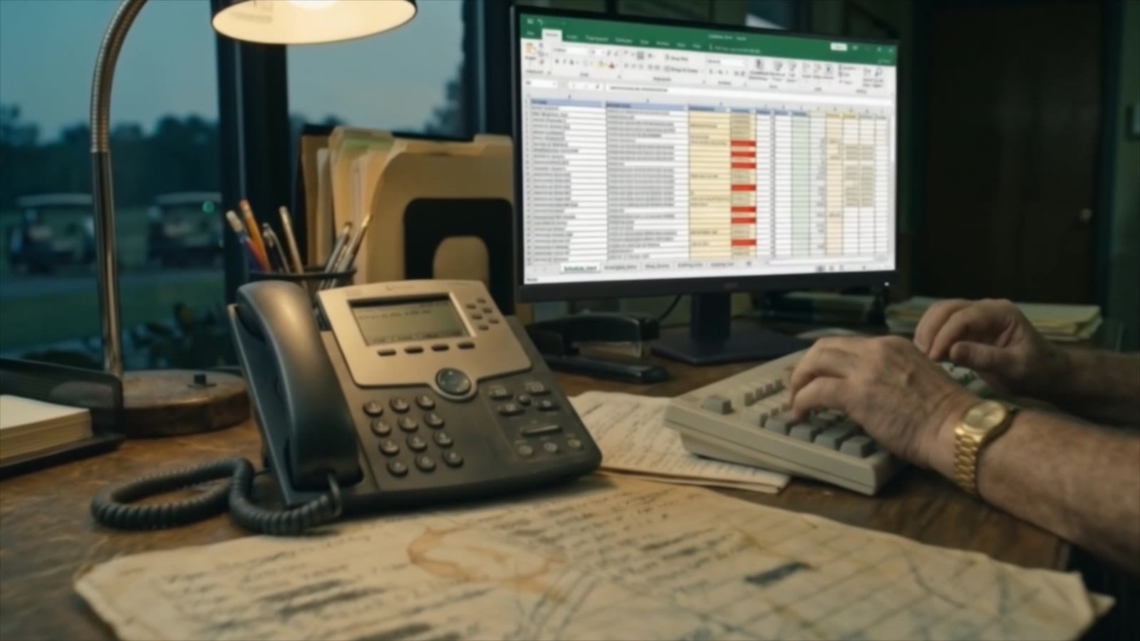 A general manager at a dim pro-shop desk working across a spreadsheet and a desk phone