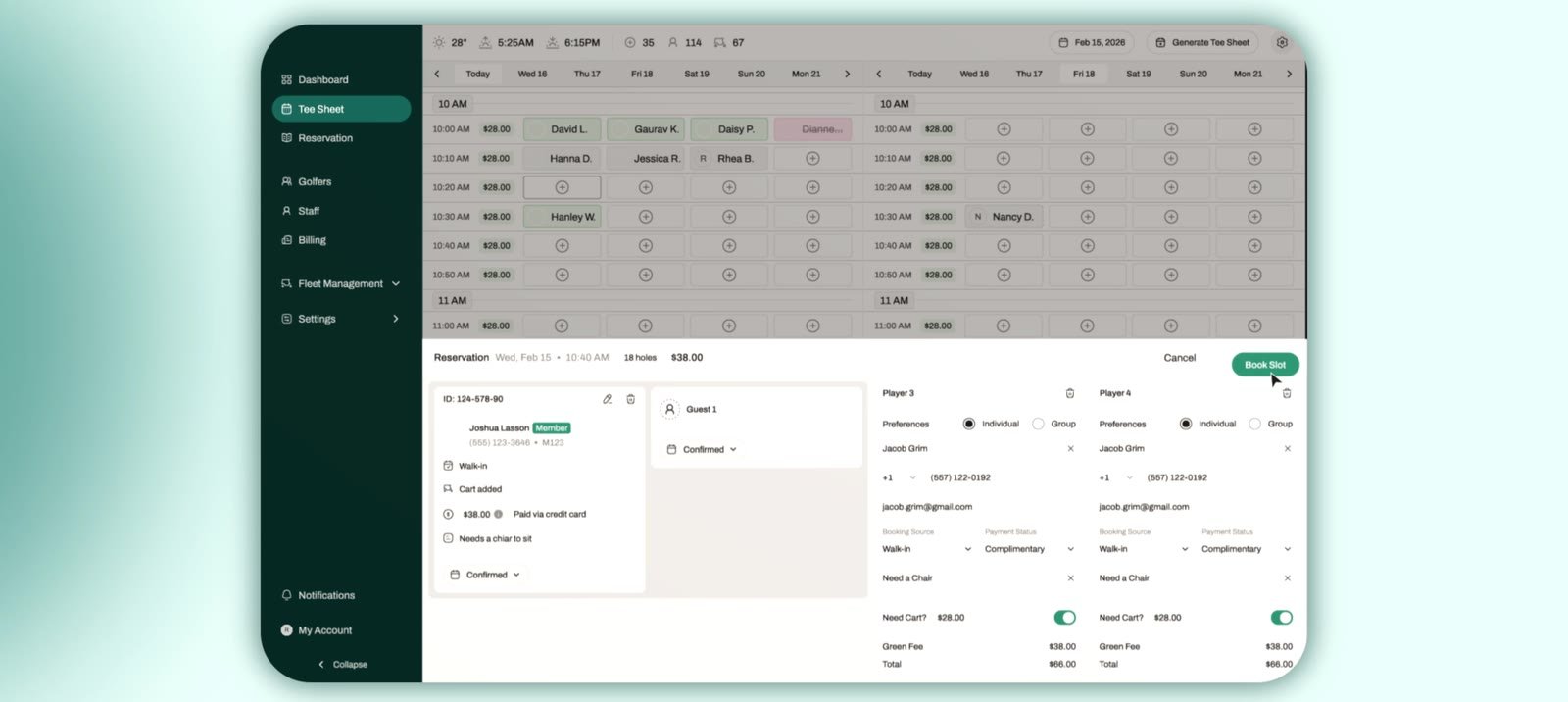 The CaddieOS live tee sheet with a booking detail panel open