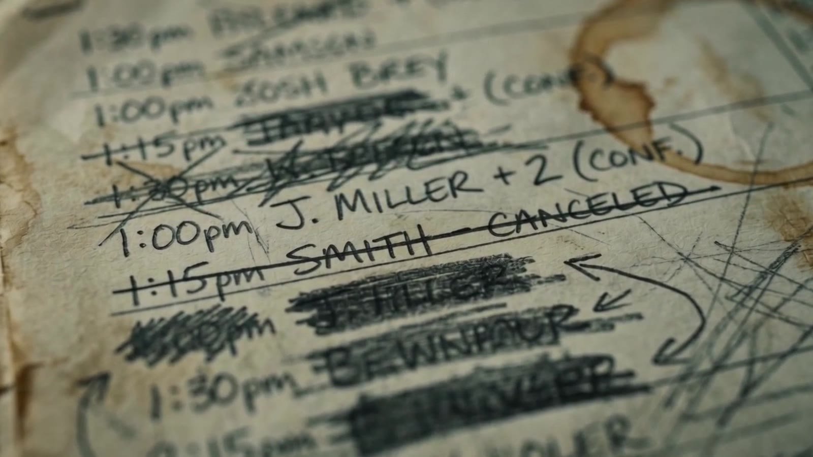 A handwritten paper tee sheet covered in cross-outs and coffee stains